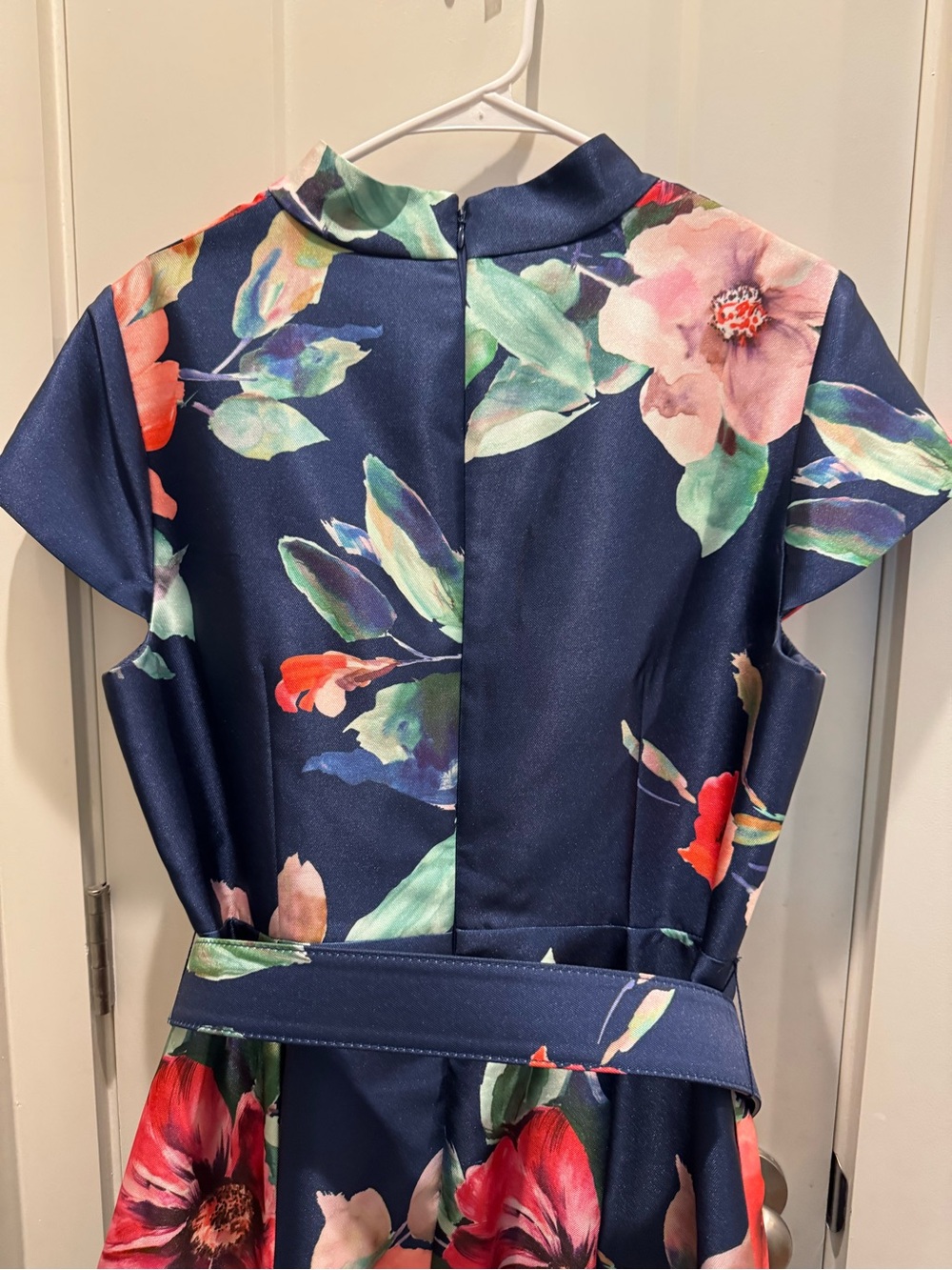 Adrianna Papell Navy Floral Fit-and-Flare Dress with Pink and Green Accents - Picture 2 of 7